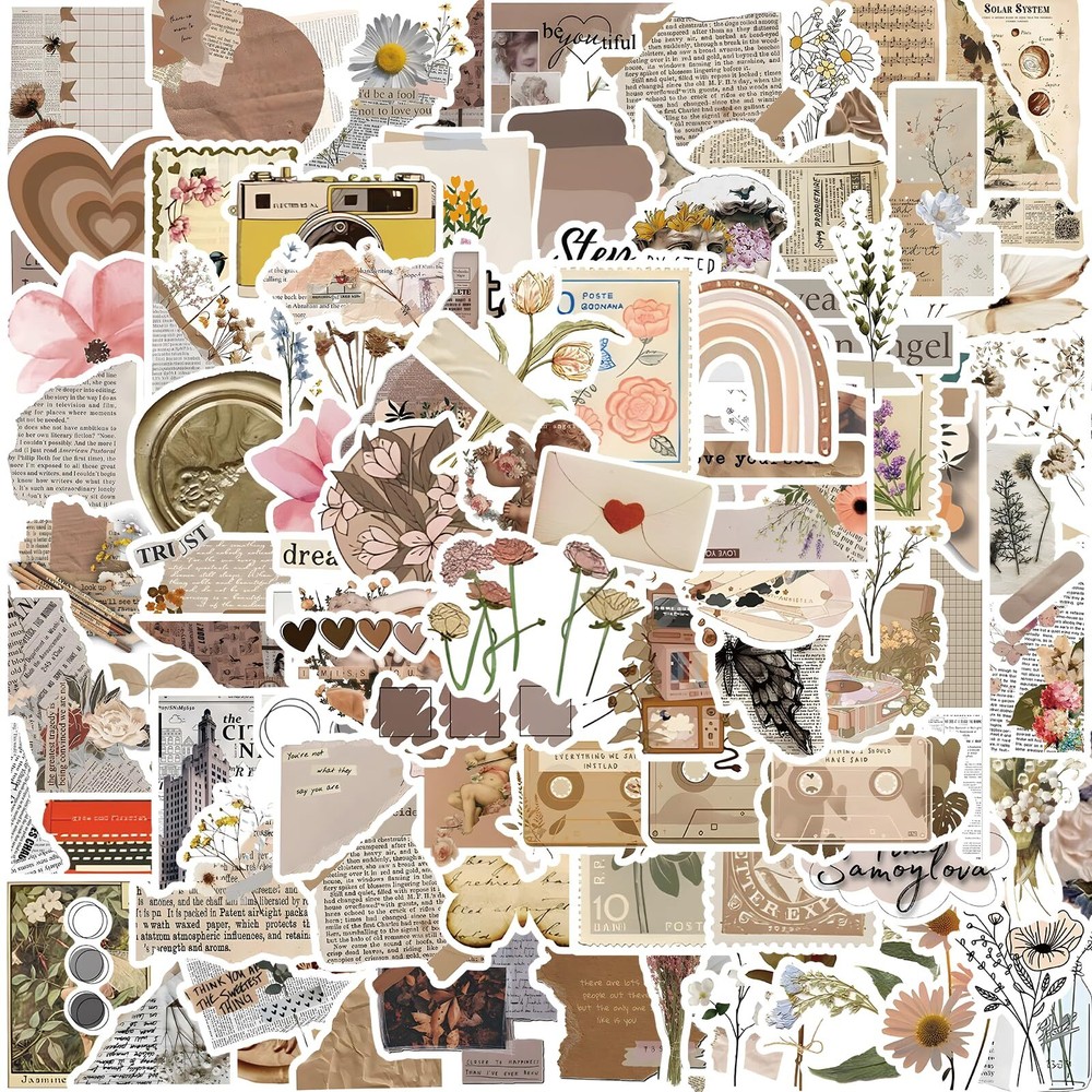 120Pcs Vintage Stickers Waterproof Scrapbook Aesthetic Sticker Daily Planner ...