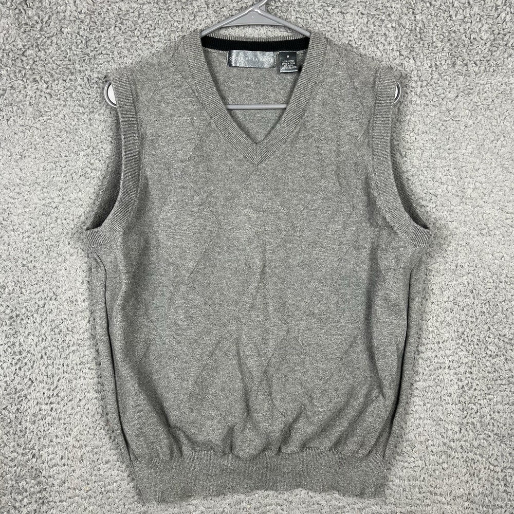 Oscar De La Renta Mens Sweater Vest Medium V-Neck Pullover Gray Argyle Cotton