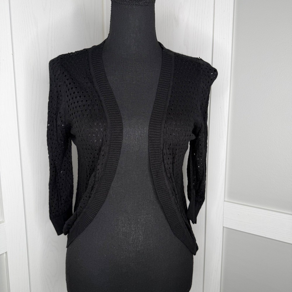 Cardigan Sweater Womens M Black Lace Back Pointelle Knit Open Front