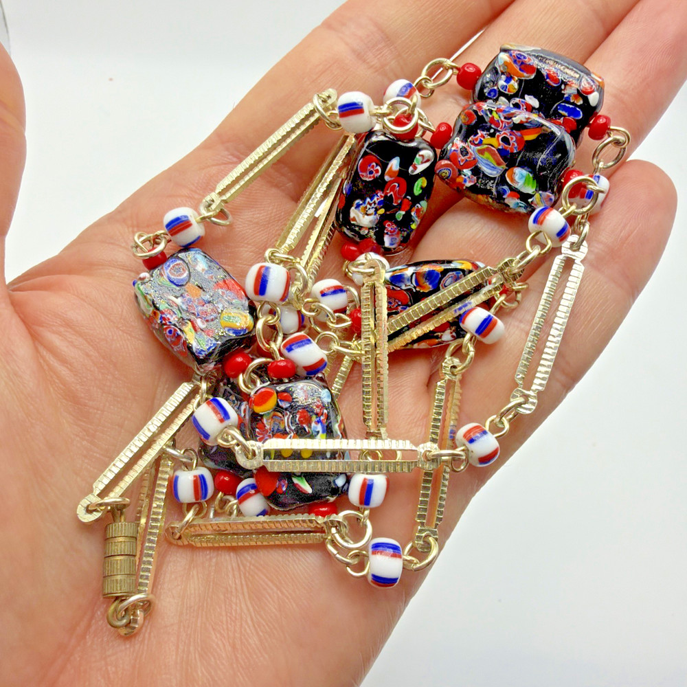 Vintage Venetian Glass Necklace Millefiori Beads Silver Toned