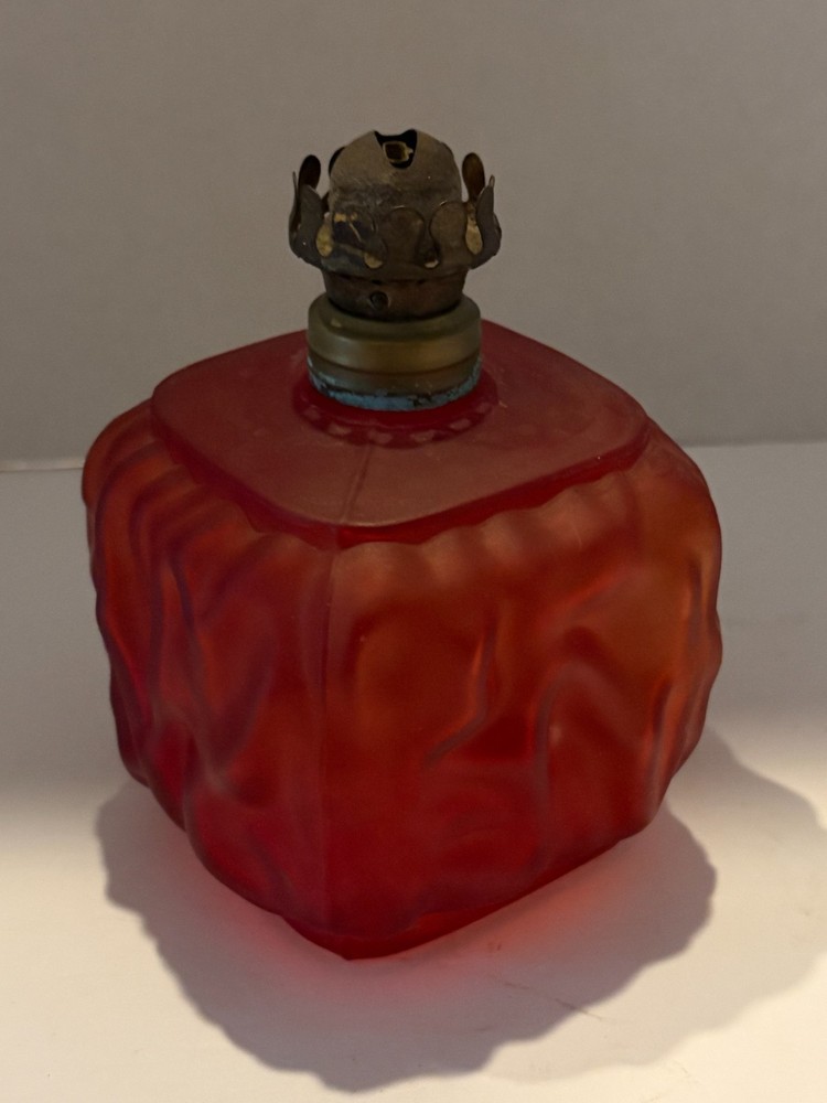 Antique Red Satin Glass Miniature Oil Lamp Base Puffy Beaded Drape P&A Victorian