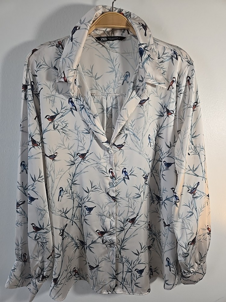 Zara Silky Bird Print Button Down Shirt Blouse Size XXL Long Sleeve