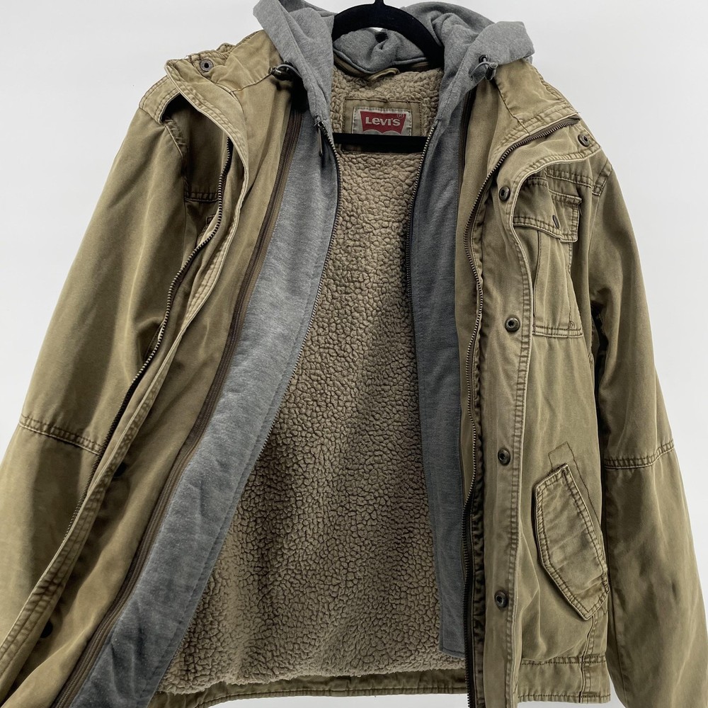 LEVI'S Mens L Beige Sherpa Lined Hooded Military Field Jacket LM5JC364 Coat READ