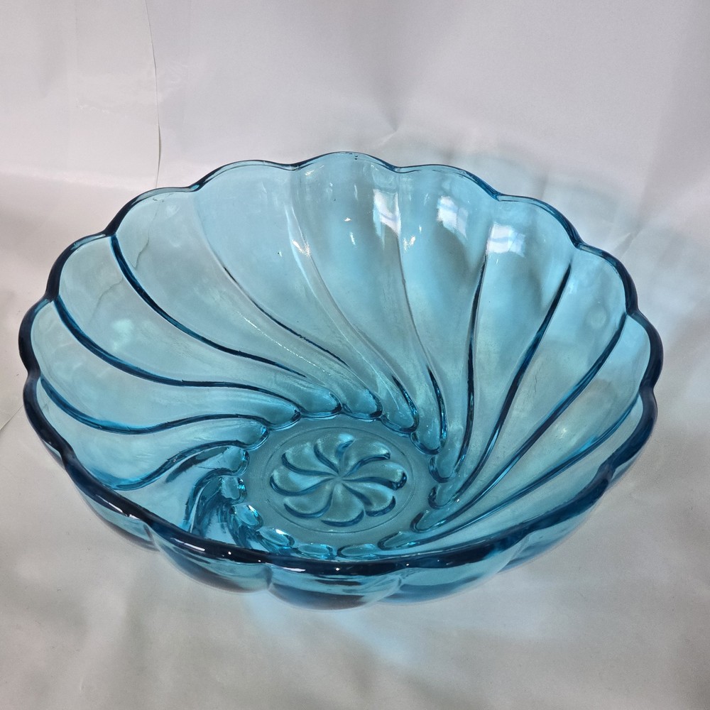 Vintage Hazel Atlas Capri Blue 9 inch Seashell Swirl Serving Bowl