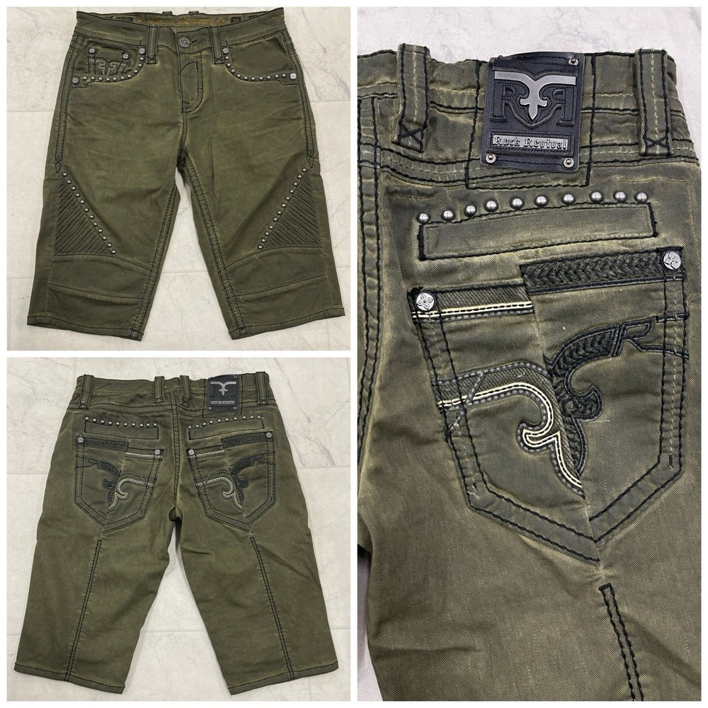 New Rock Revival Men's Haskel Studded Embroiderer Denim Shorts In Olive Size: 32