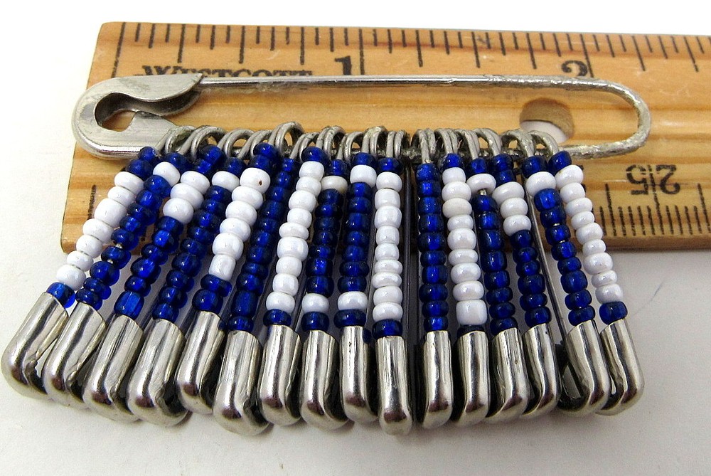 Blue White Seed Bead Safety Pins for Mom Handmade 1.5 Inch Silver Mother Gift