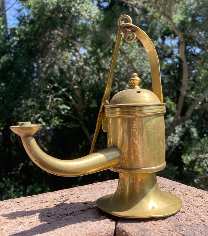 Early Antique Brass Whale Oil Fuel Betty Lamp