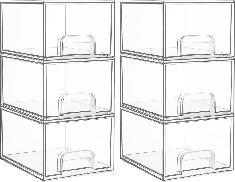 6 Pack Clear Stackable Storage Drawers, 4.4'' Tall Acrylic Bathroom