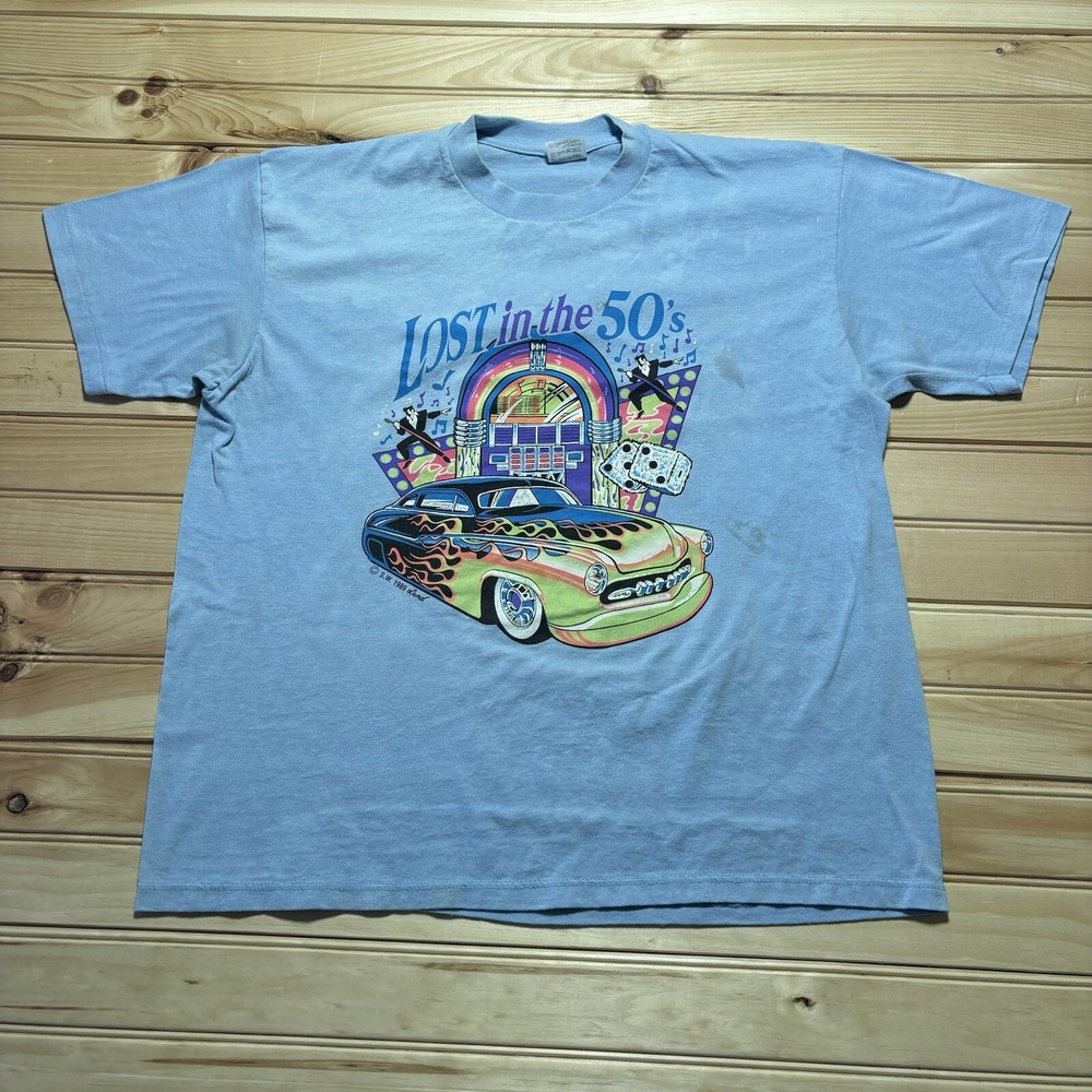 Vintage Lost in the 50s Hot Rod Flames Single Stitch Shirt 1989 Size XL Blue