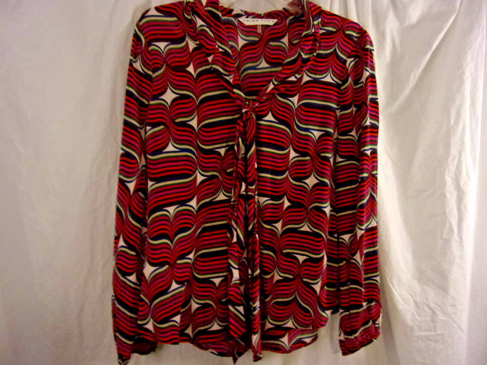 Trina Turk Abstract Ribbon Swirl  Silk Blouse Tie Neck  M Great Graphic-image