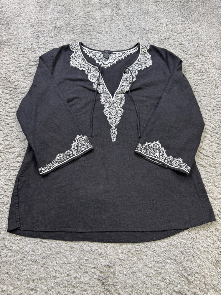 Anne Carson Top Women 2X Black Linen Floral Embroidered Tasseled Lagenlook Tunic
