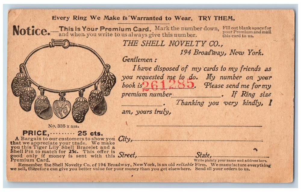 Broadway New York NY Postal Card The Shell Novelty Co. c1910's Antique