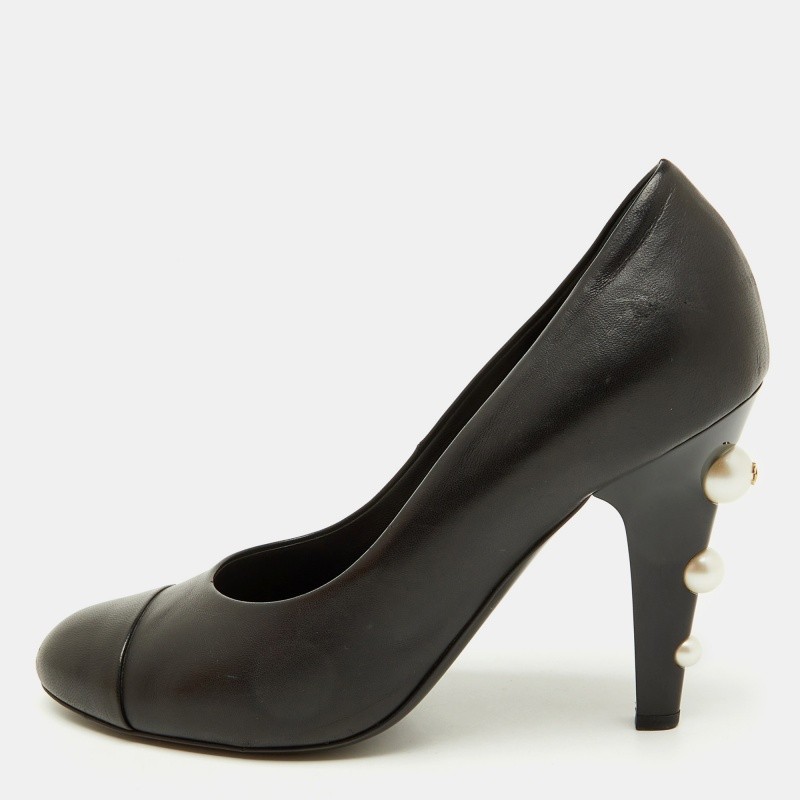 Chanel Black Leather Cap Toe CC Pearl Embellished Heels Size 39.5