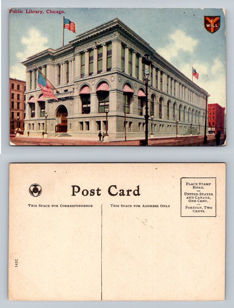 Chicago, IL-Illinois, Public Library Building Street View Vintage Postcard