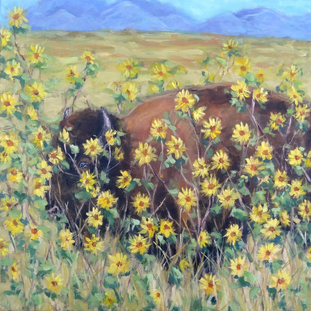 Buffalo Painting Bison Oil Canvas Wall Art 12 by 12 Southwestern Landscape