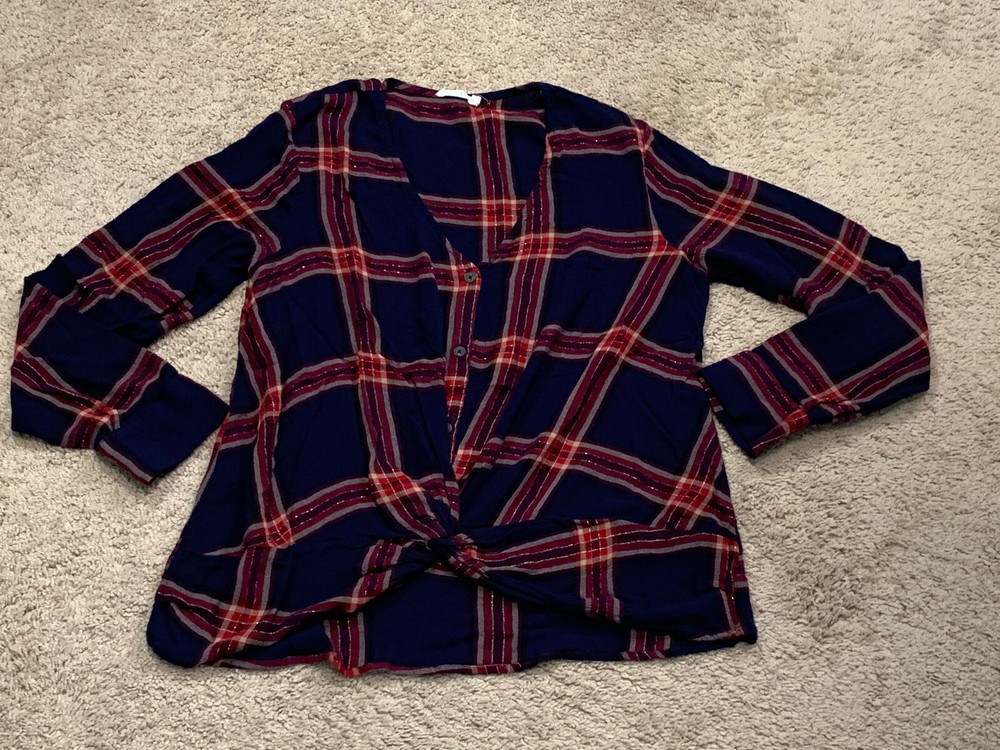 Lush Womens Shirt Size Medium Multicolor Plaid Sparkle Knotted Front Lightweight