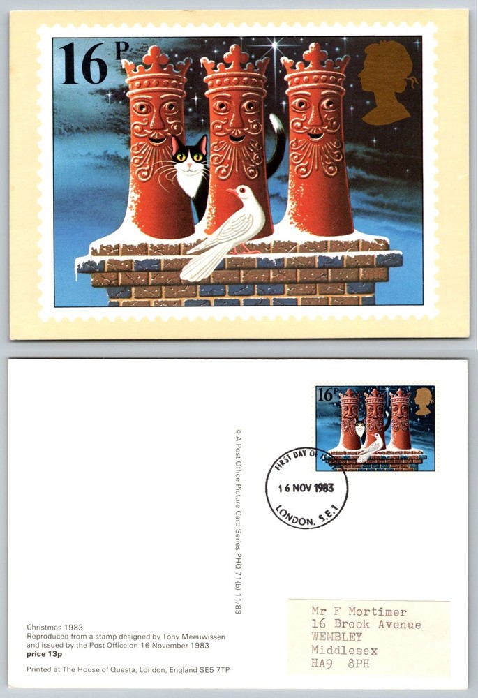 Christmas 1983 Tony Meeuwissen PHQ Postcard First Day Issue London Cat Dove