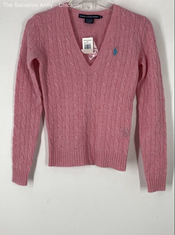 Ralph Lauren Sport Womens Pink Wool Long Sleeve V-Neck Pullover Sweater Size XS