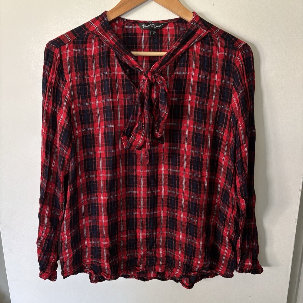 Velvet Heart women’s size Medium plaid long sleeve blouse adjustable neck tie