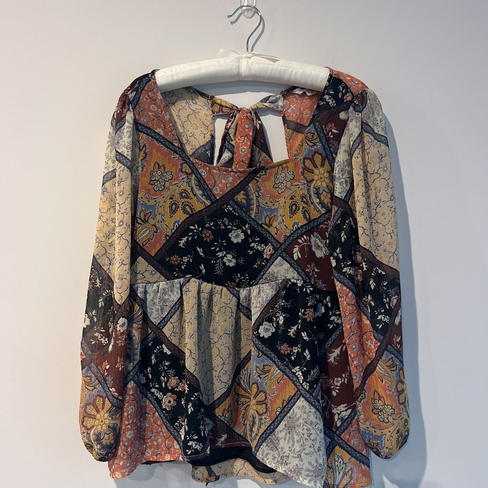 American Eagle Outfitters Women's Square Neck Babydoll  Boho Patchwork Blouse