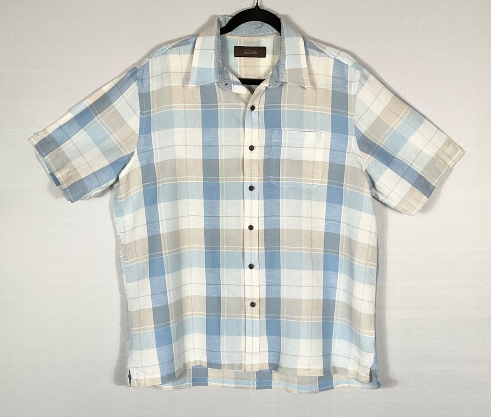 Tasso Elba Shirt Men’s Sz L Blue Beige Plaid Linen Blend Button Up Short Sleeves