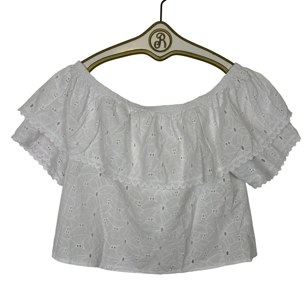 Calypso St. Barth Eyelet Off The Shoulder Crop Top Women XL White Boho Ruffle