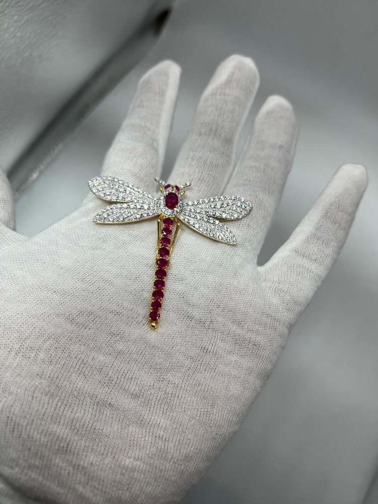 Lab Created Ruby 3Ct Oval Cut Dragonfly Charm Brooch Pin 14K Yellow Gold Plated