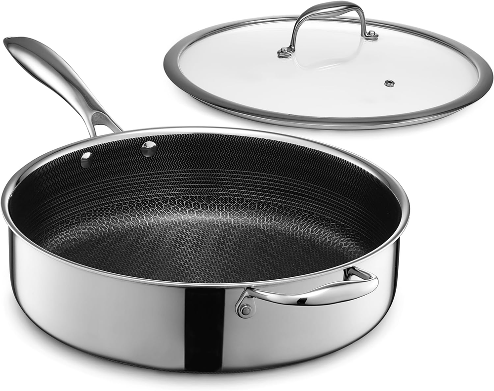 Hexclad Hybrid Nonstick 5.5 Qt Deep Sauté Pan and Lid, Dishwasher and Oven-Safe,
