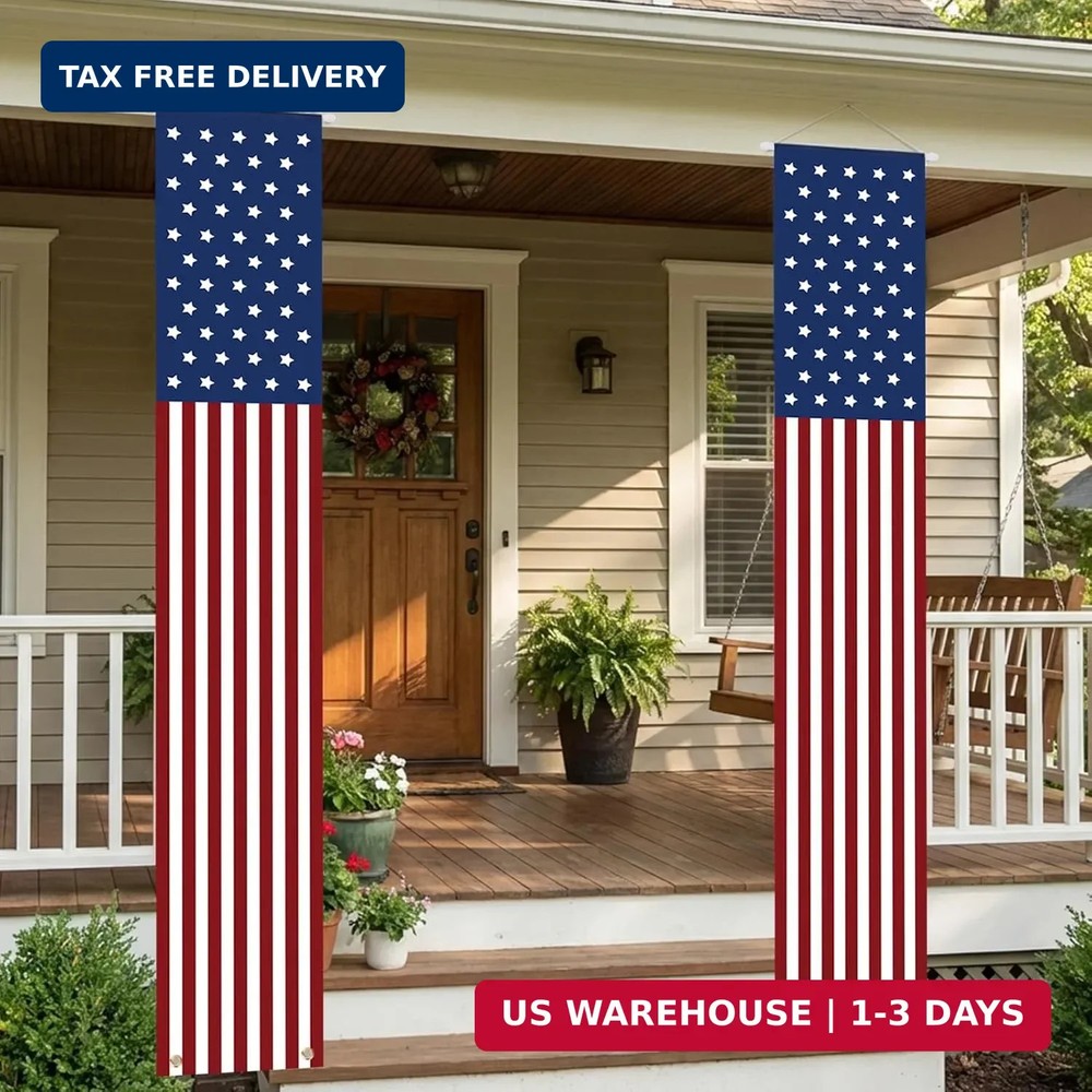 Pair 4th of July Patriotic Porch Banners, American Flag Hanging Decorations for