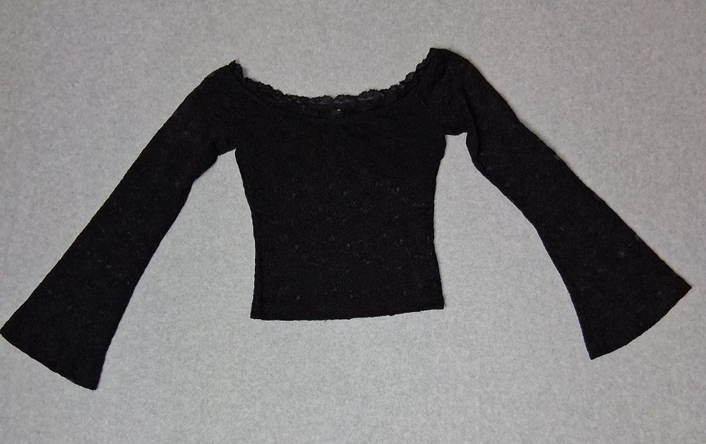 Vintage Y2K Babydoll Cropped Lace Bell Sleeve Blouse XS Black Whimsigoth Fairy