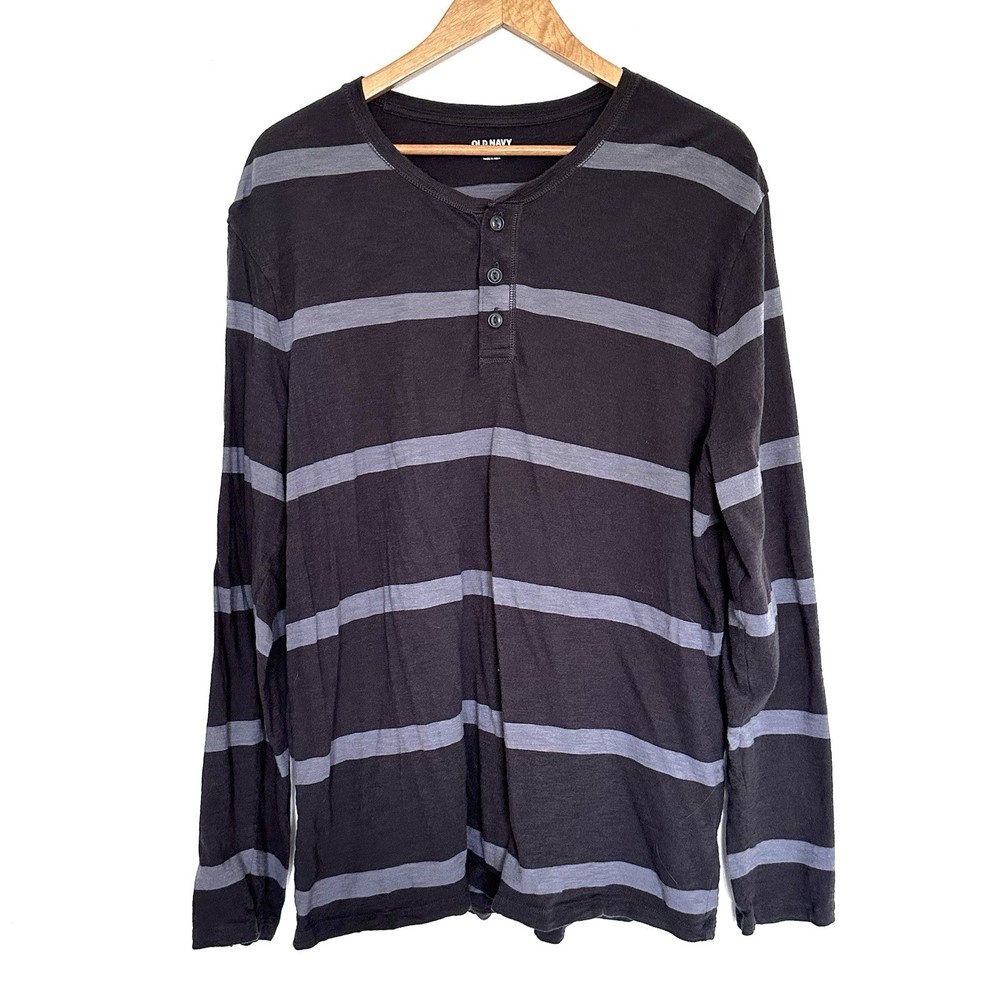 Old Navy Henley Shirt Men’s XXL Grey Striped Cotton Long Sleeve Lightweight Top
