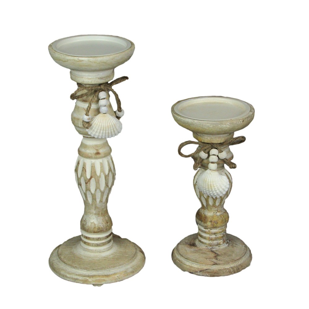 Rustic White Washed Wood Pedestal Candle Holder Set of 2 with Sea Shells