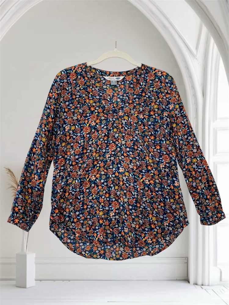 Old Navy Womens The Tunic Shirt Size XS Petite Multi Floral Long Sleeve V Neck