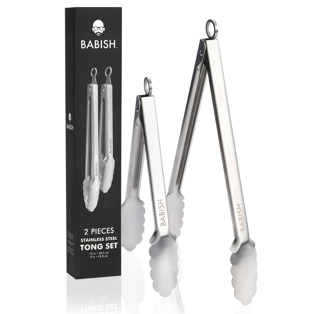 Babish 12” & 9” Locking Kitchen Tong Set, Stainless Steel