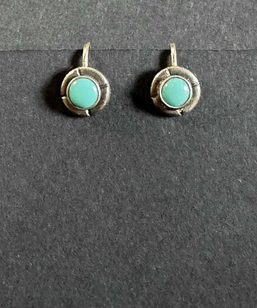 Vtg Bezel Set Round Cabochon Turquoise Color Sterling Silver Screw Back Earrings