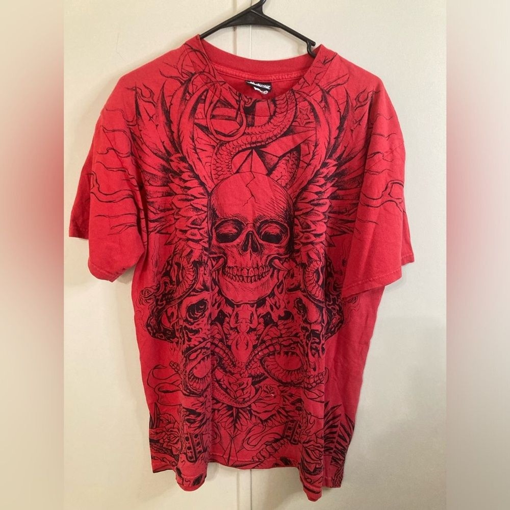 Vintage Y2K Skull Two Sided T Shirt Red All Over Print Hybrid Tees Men's Size L