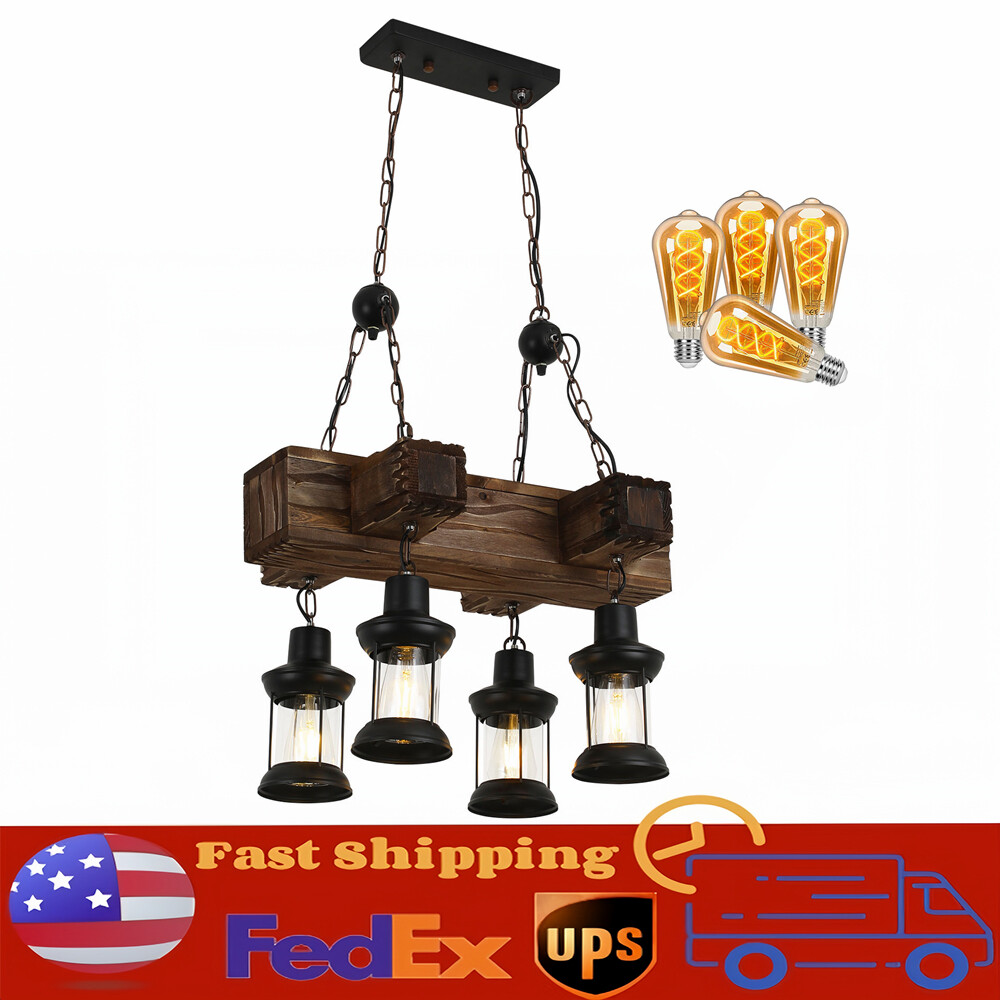 Rustic 4-Light Wooden Industrial Chandelier Ceiling Pendant Lamp USA Made