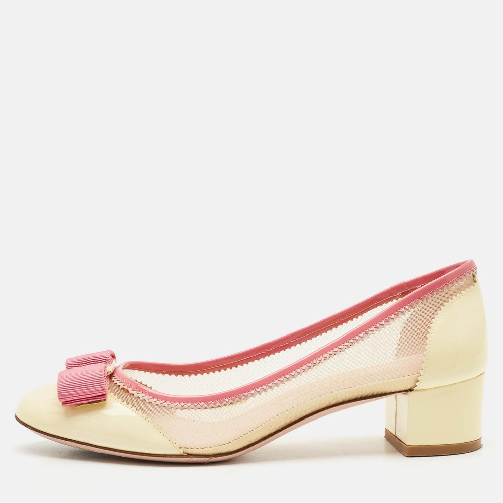 Salvatore Ferragamo Elinda Block Heel Pumps in Cream Mesh and Patent Leather