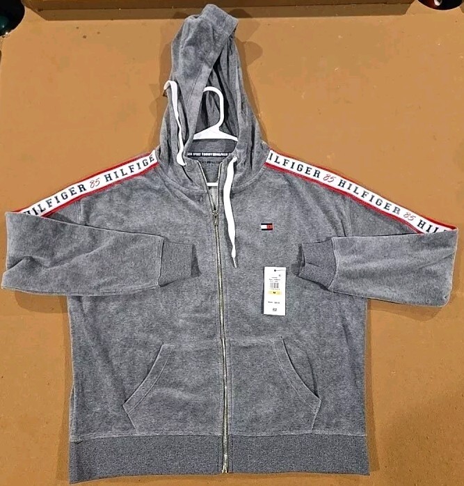 Tommy Hilfiger Sport Gray Stripe Zip-Up Hoodie Jacket Sweatshirt Size M