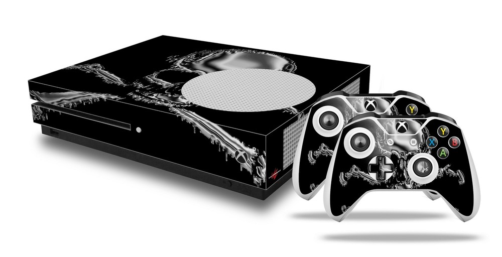 Skin XBOX One S Console Controller Chrome Skull on Black