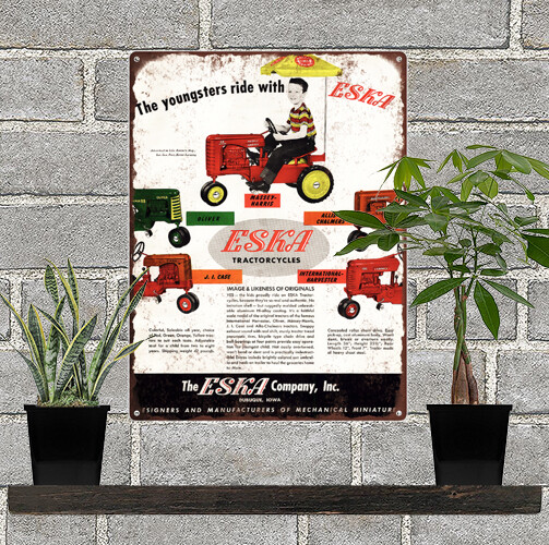 1955 ESKA Pedal Tractor Farmall Harvester Baked Metal Repro Sign 9 x 12 60111