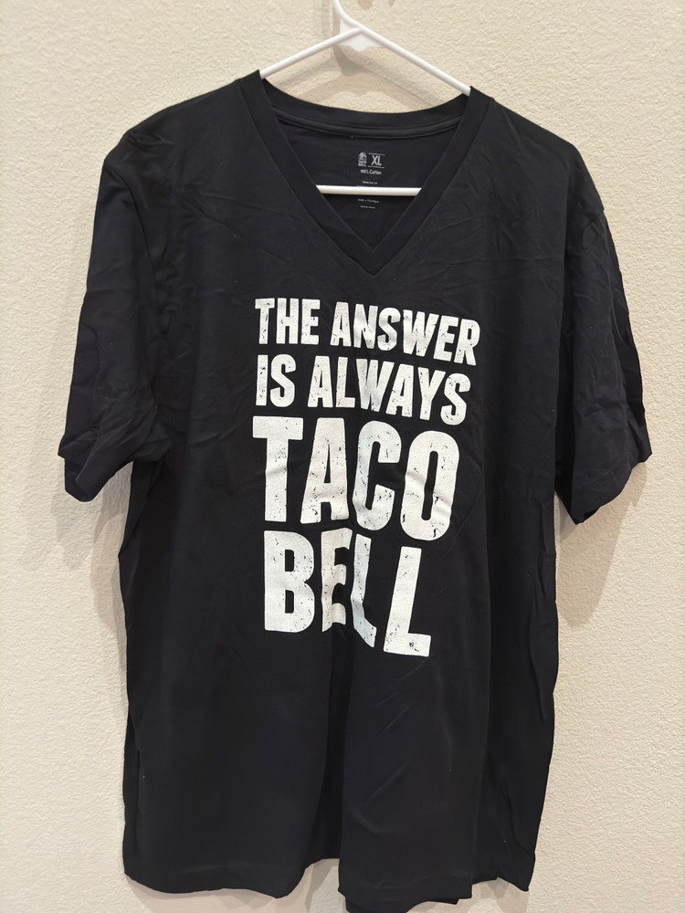 TACO BELL THE ANSWER IS ALWAYS Employee Shirt Extra Large XL Black Short Sleeve