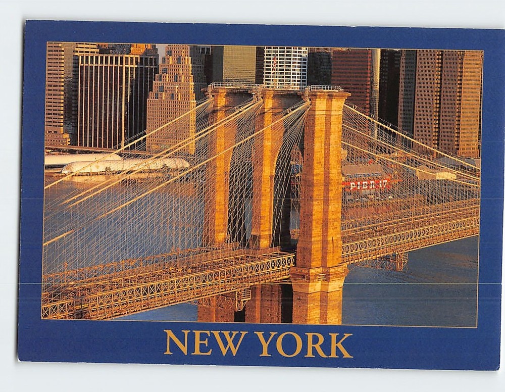 Postcard Brooklyn Bridge East River Financial District skyline New York USA