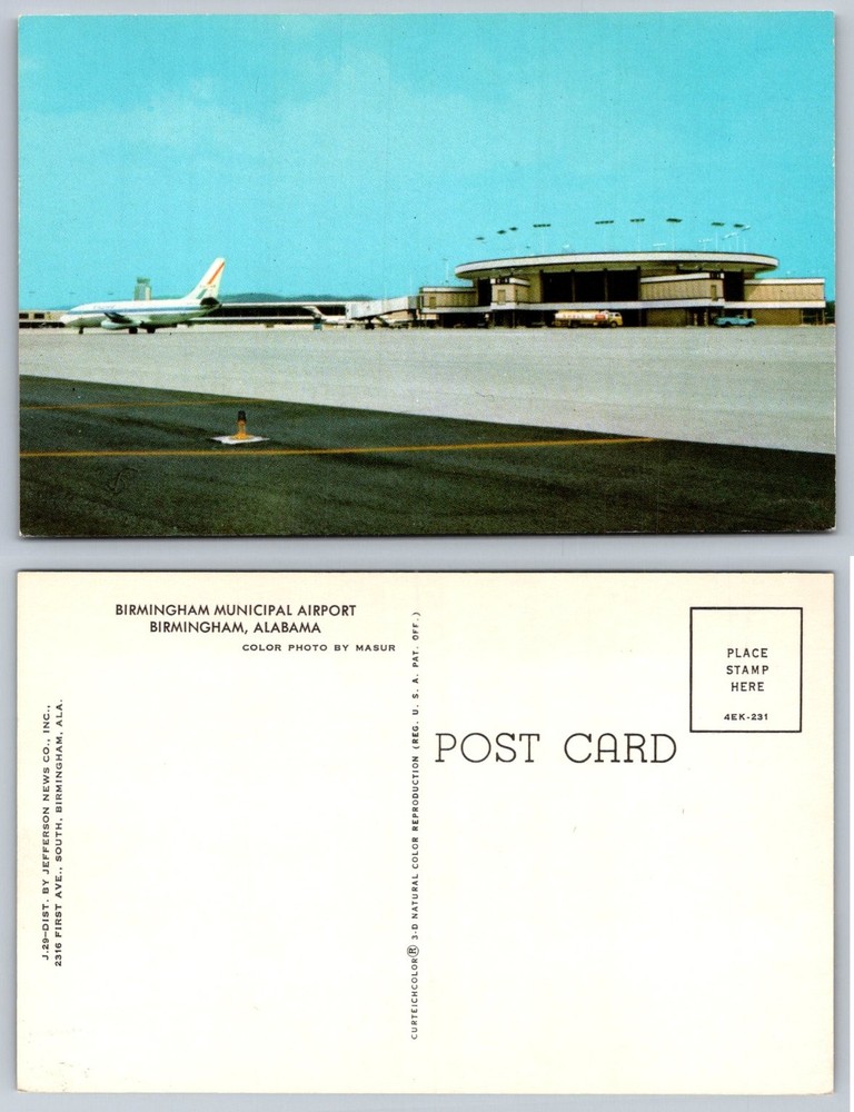 Birmingham Municipal Airport Alabama Jet Airplane Curteichcolor Postcard