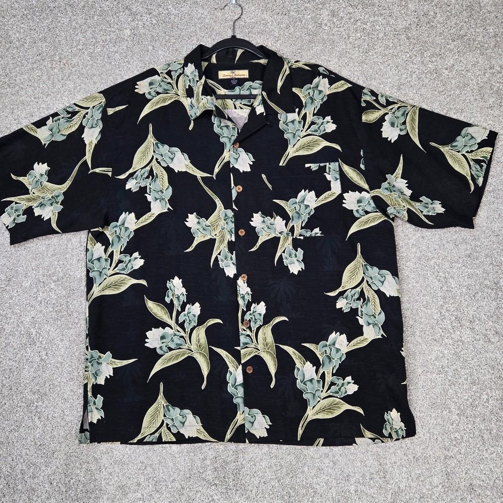 Tommy Bahama Men's XL Silk Tropical Hibiscus Floral Hawaiian Shirt Black camp