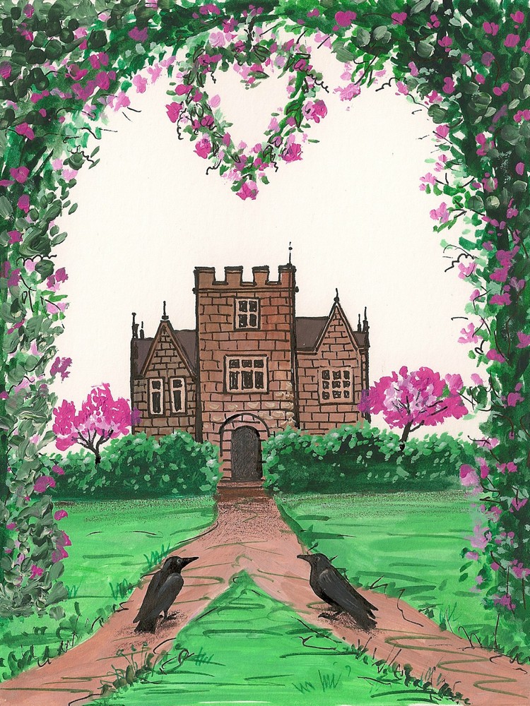 ACEO Print English Rose Garden Flower Landscape Spring Castle Painting