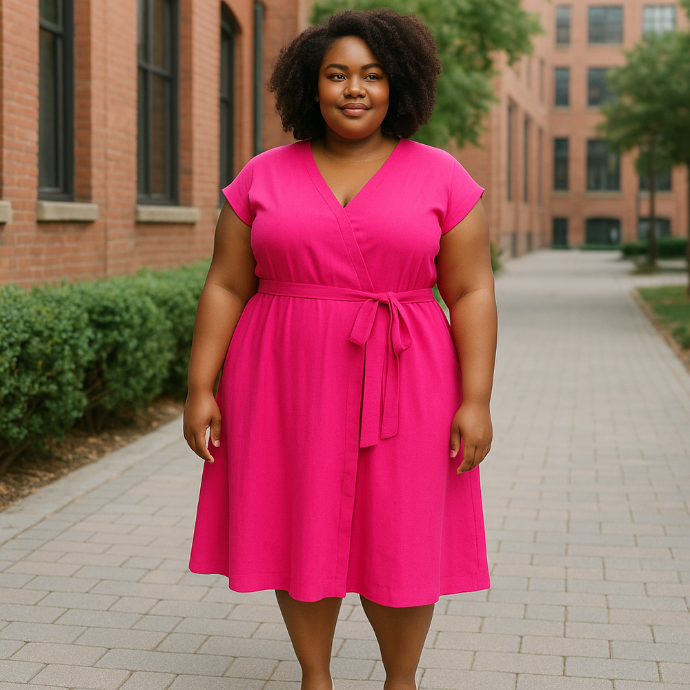 Time and Tru | Women's V-Neck Midi Dress with Belt Faux Wrap 2X Pink