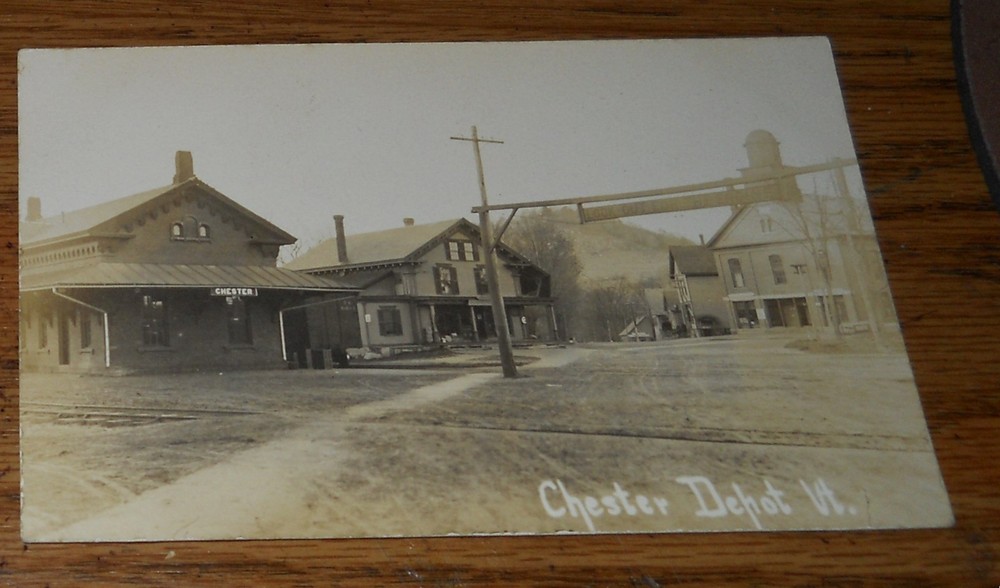 1906 Real Photo Postcard~Train Depot Chester Vermont RPPC Houses T6