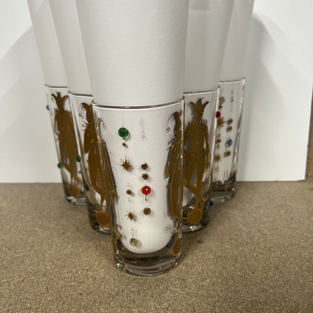 1960s 22KT Gold Harlequin Jester Beaded Jeweled Tumblers - Vintage Culver Glass