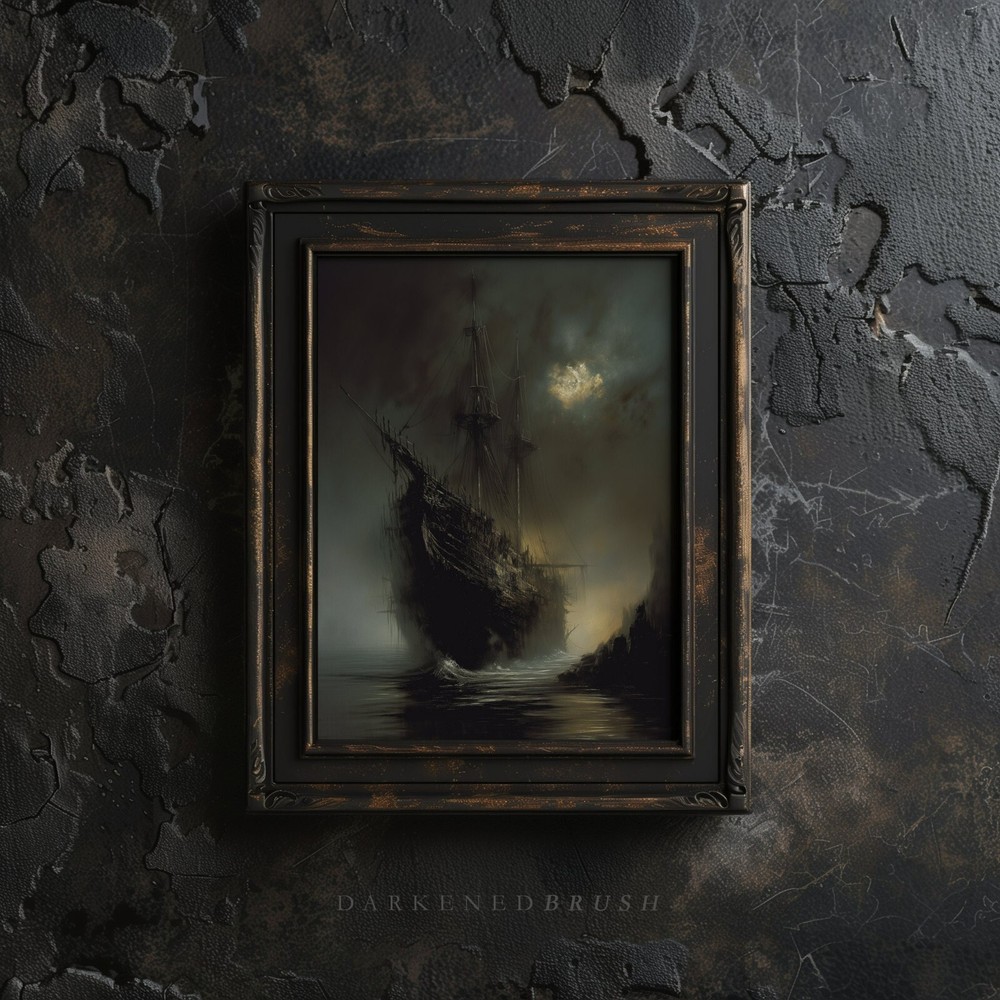 Vintage Ghost Ship, Ocean Aesthetic, Gothic Sea Painting,  Poster Decor